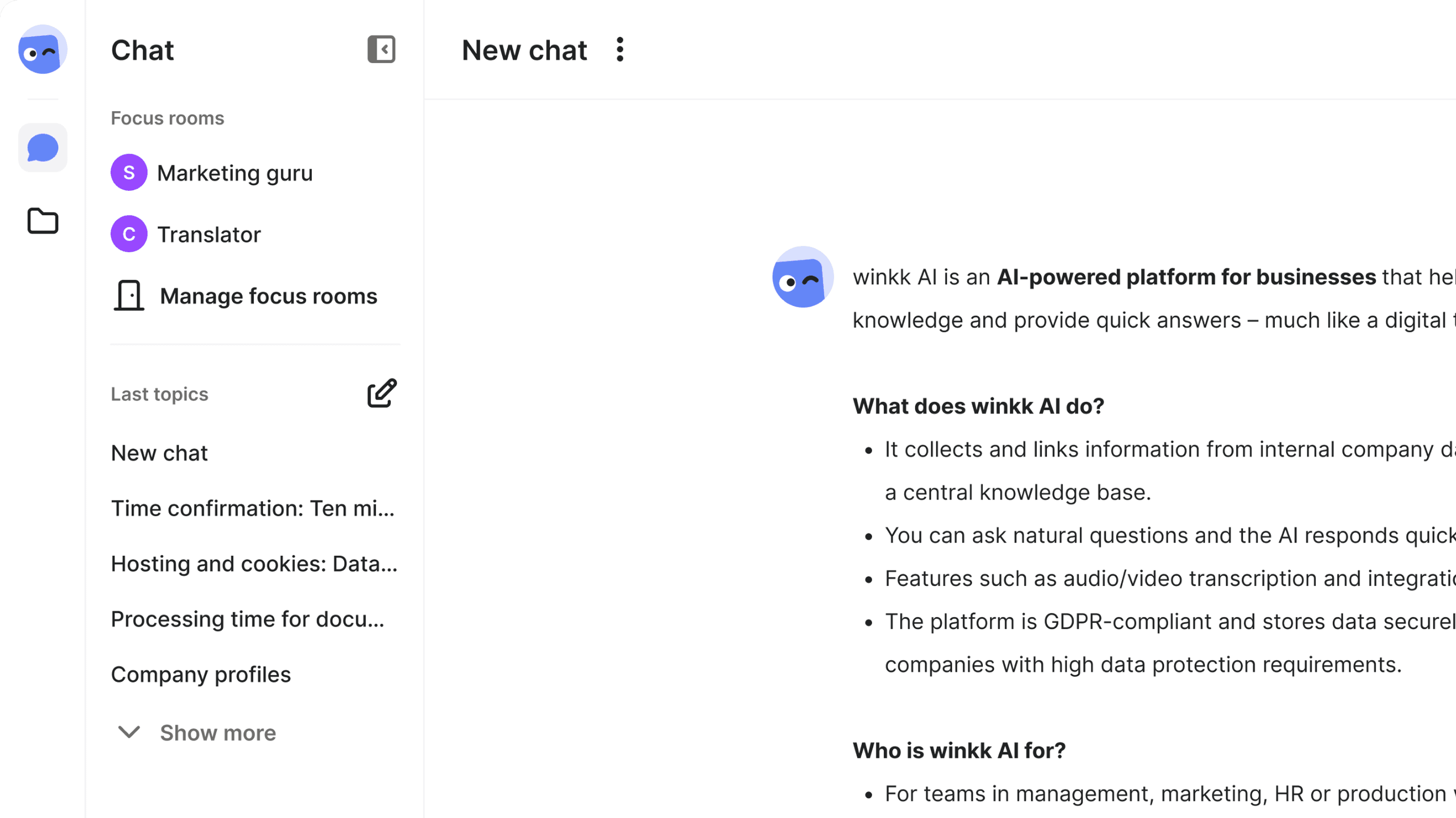 winkk AI Chat overview with fictive chats.