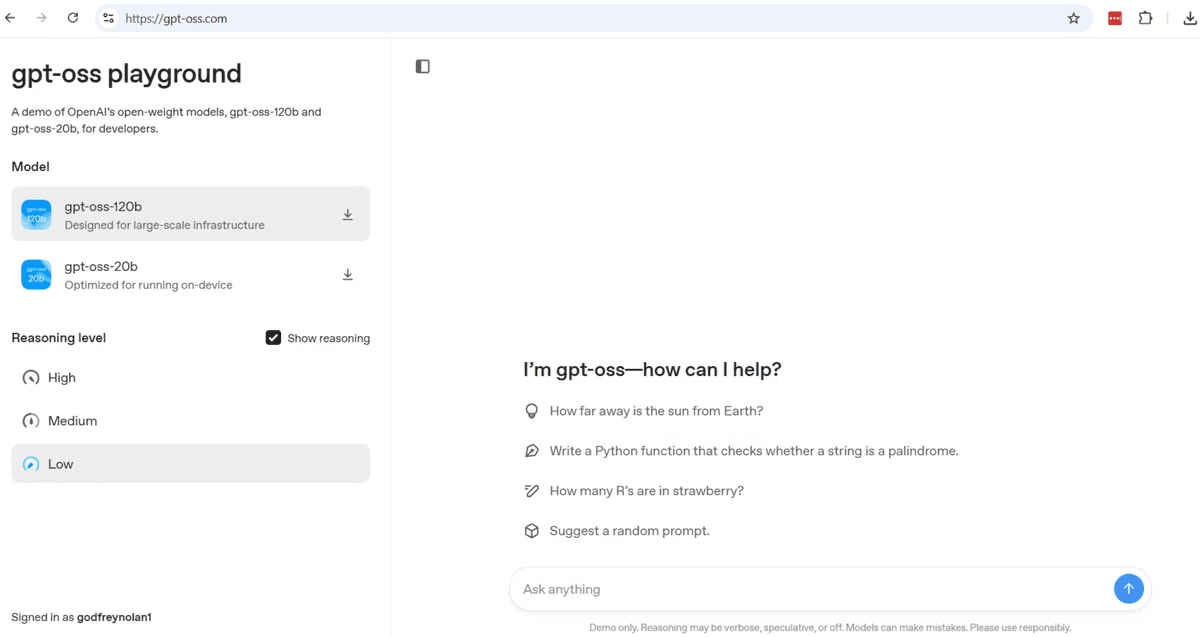 Screenshot of the GPT-OSS playground interface showing model selection options and example prompts for interaction.