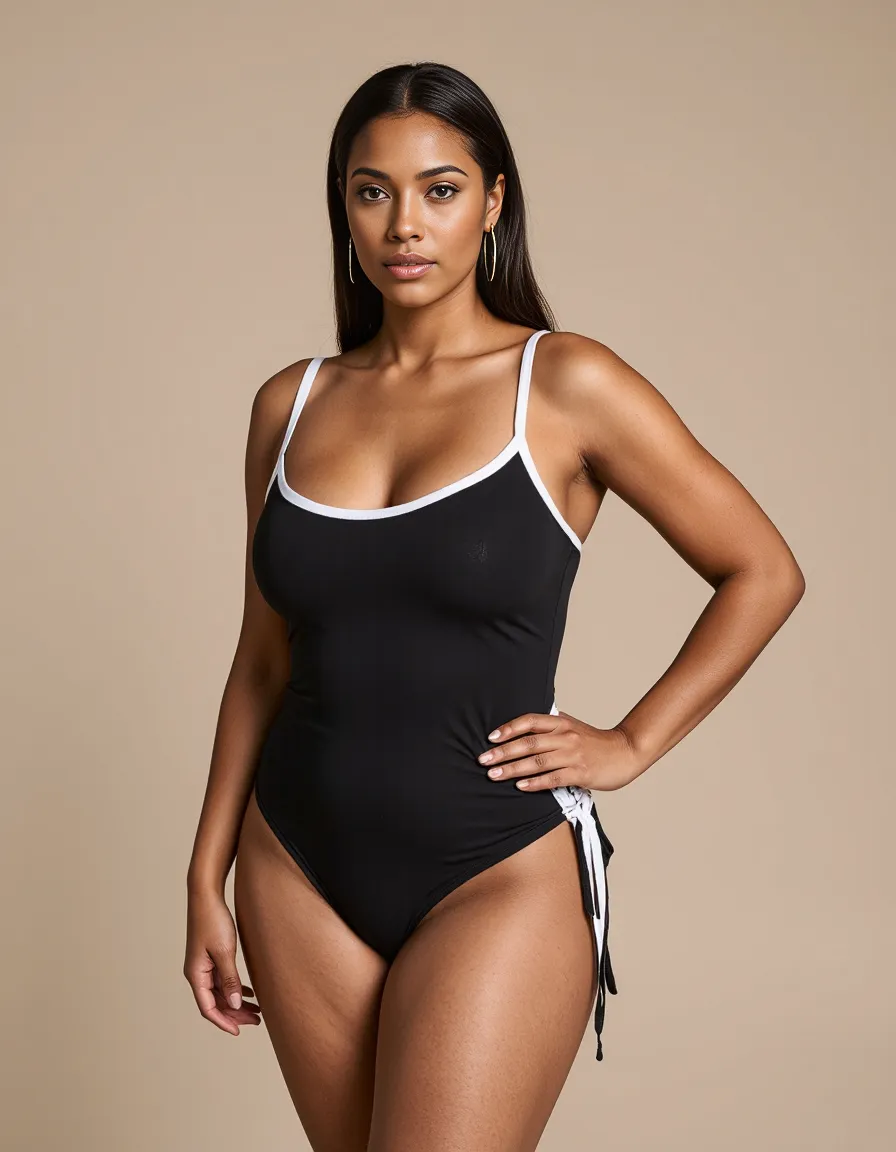 Elegant black swimsuit with white trim against neutral beige background, showcasing minimalist fashion photography style