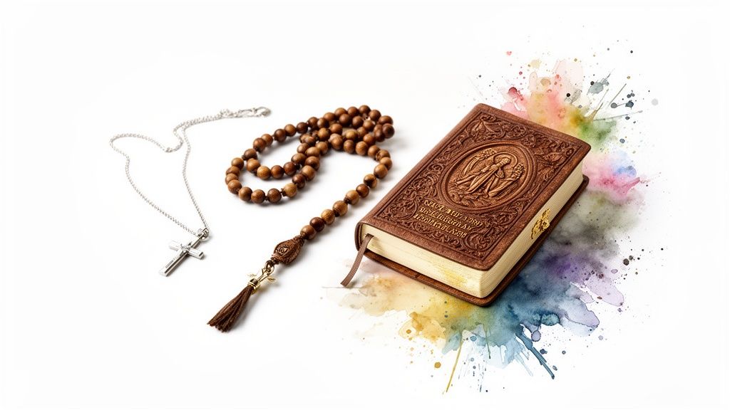 A silver cross necklace, wooden rosary, and an embossed brown Bible on a white background with colorful watercolor splatters.
