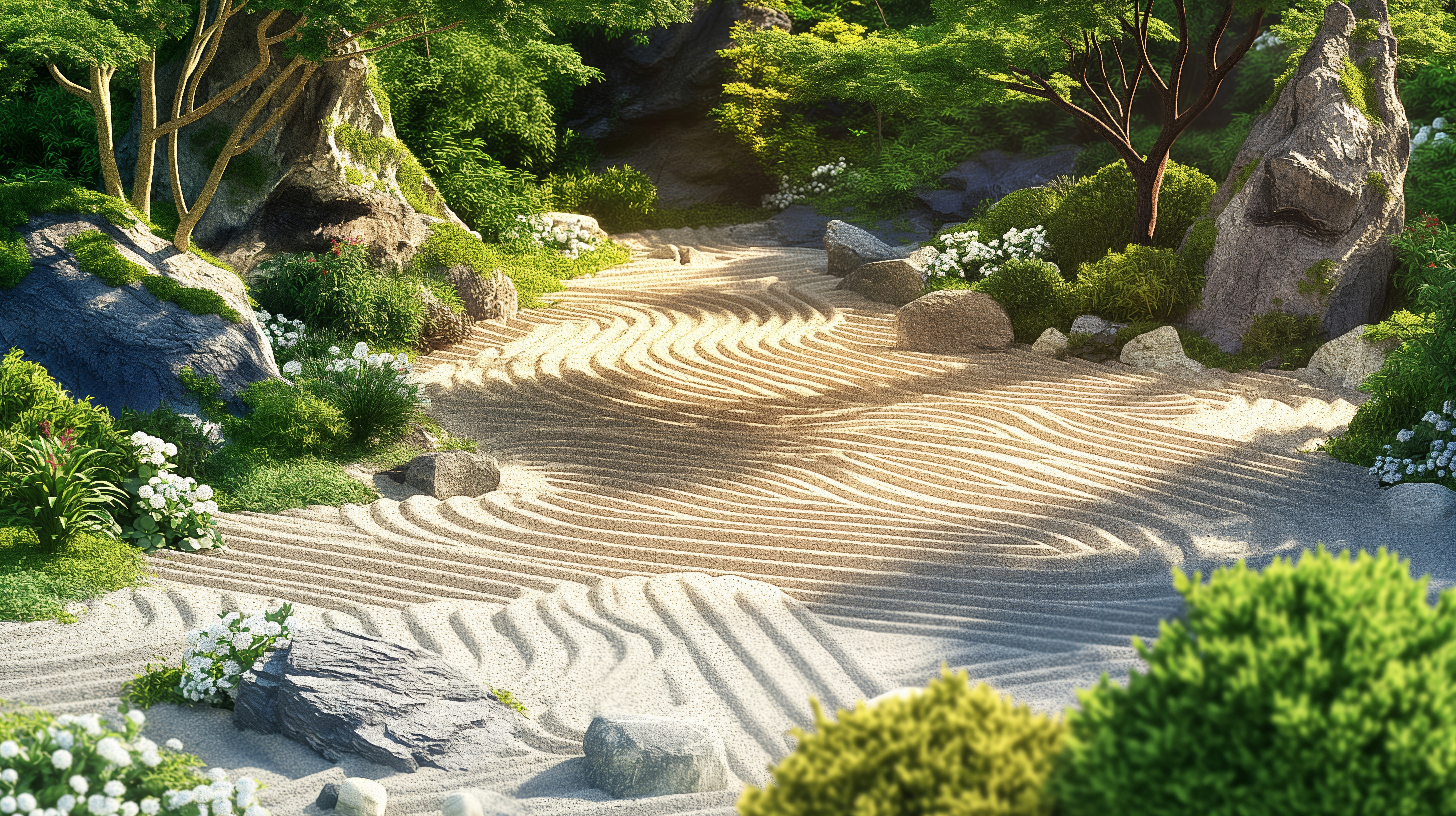 日式禪意園藝設計，精緻枯山水沙紋配搭景觀石材，香港專業戶外園林工程及造景方案。
