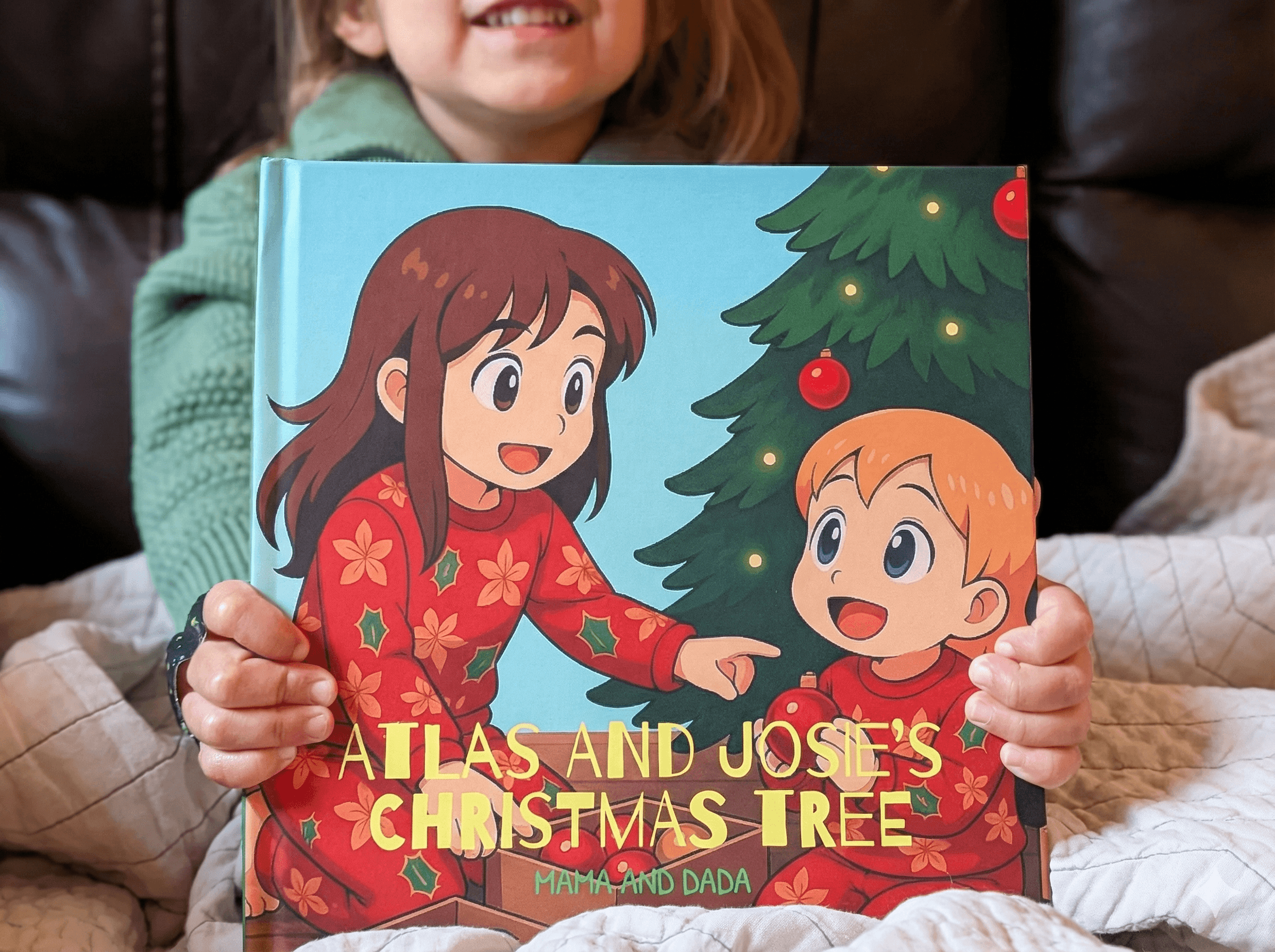Smiling young woman with long hair standing against a dark green background, holding a finger to her chin.