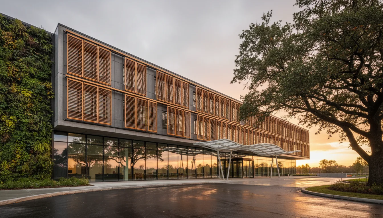 DSLR, wide-angle architectural photography of a modern university engineering building at golden hour. The building features a striking facade with articulated wooden louvered shutters, grey concrete panels, and a lush vertical green wall on one side. A large, mature tree frames the shot on the right. The ground floor is glass, reflecting the warm sunset. An undulating canopy covers the entrance, and the wet asphalt driveway in the foreground has subtle reflections. The lighting is soft natural daylight under an overcast sky, creating a calm and sophisticated mood.