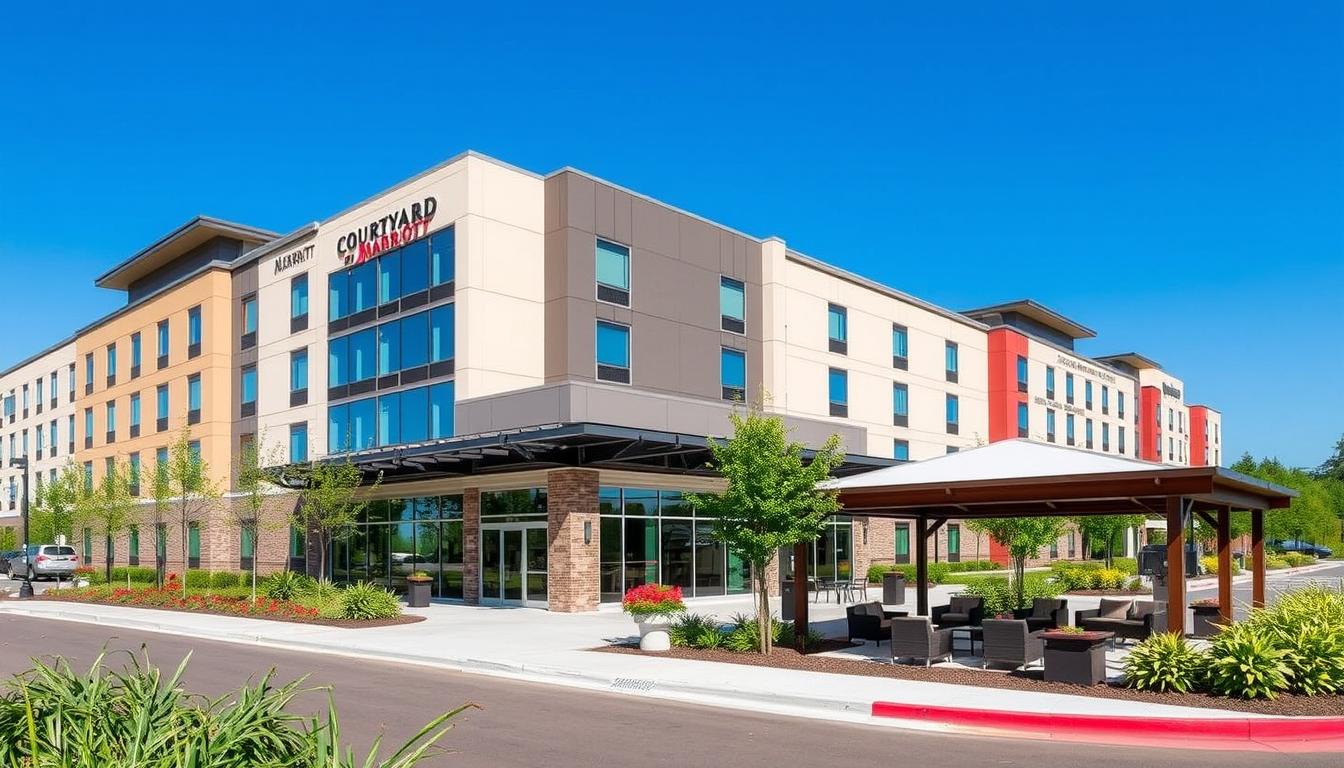 The Courtyard by Marriott Hotel in Portland, Oregon, showcasing modern architecture and inviting outdoor spaces.