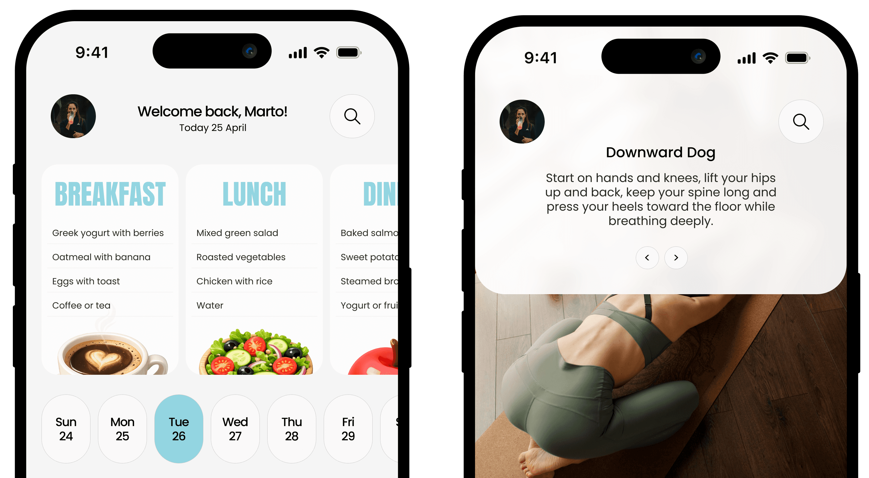Mobile fitness app interface showing a meal planner dashboard and a yoga exercise screen with ‘Downward Dog’ instructions displayed on a smartphone.