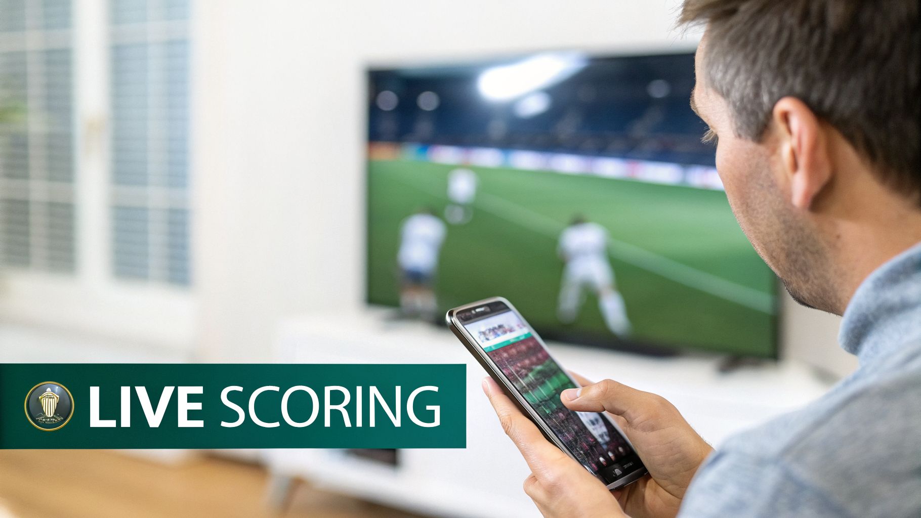 Man watching a soccer game on TV while checking live scores on his smartphone.