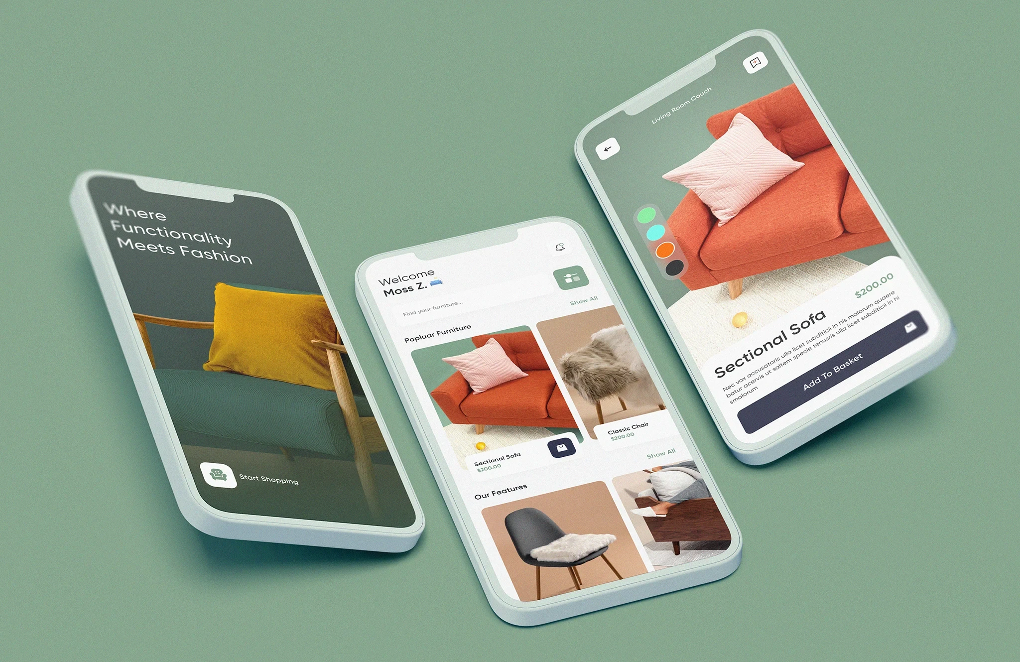 Furniture ecommerce mobile app UI design showcasing modern sofa products, shopping flow, and clean product cards