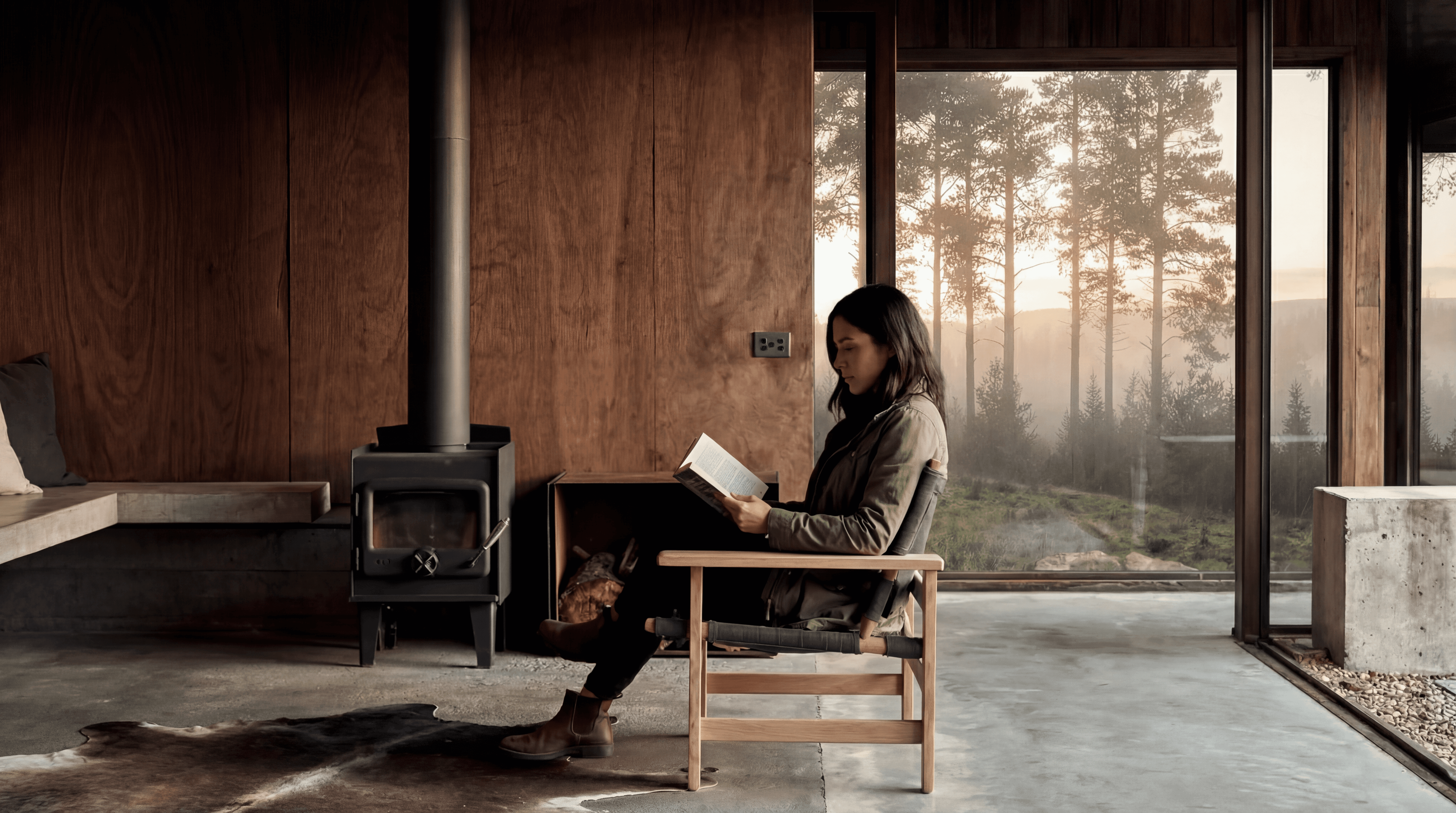 Karkasinis namas miške su degintos medienos fasadu