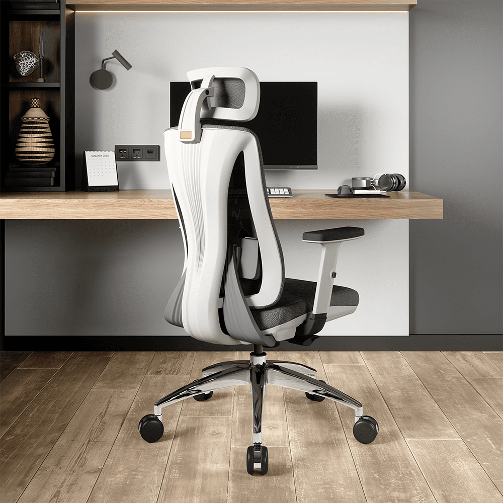 High-back ergonomic office chair, adjustable headrest, minimalist home office furniture, white office chair