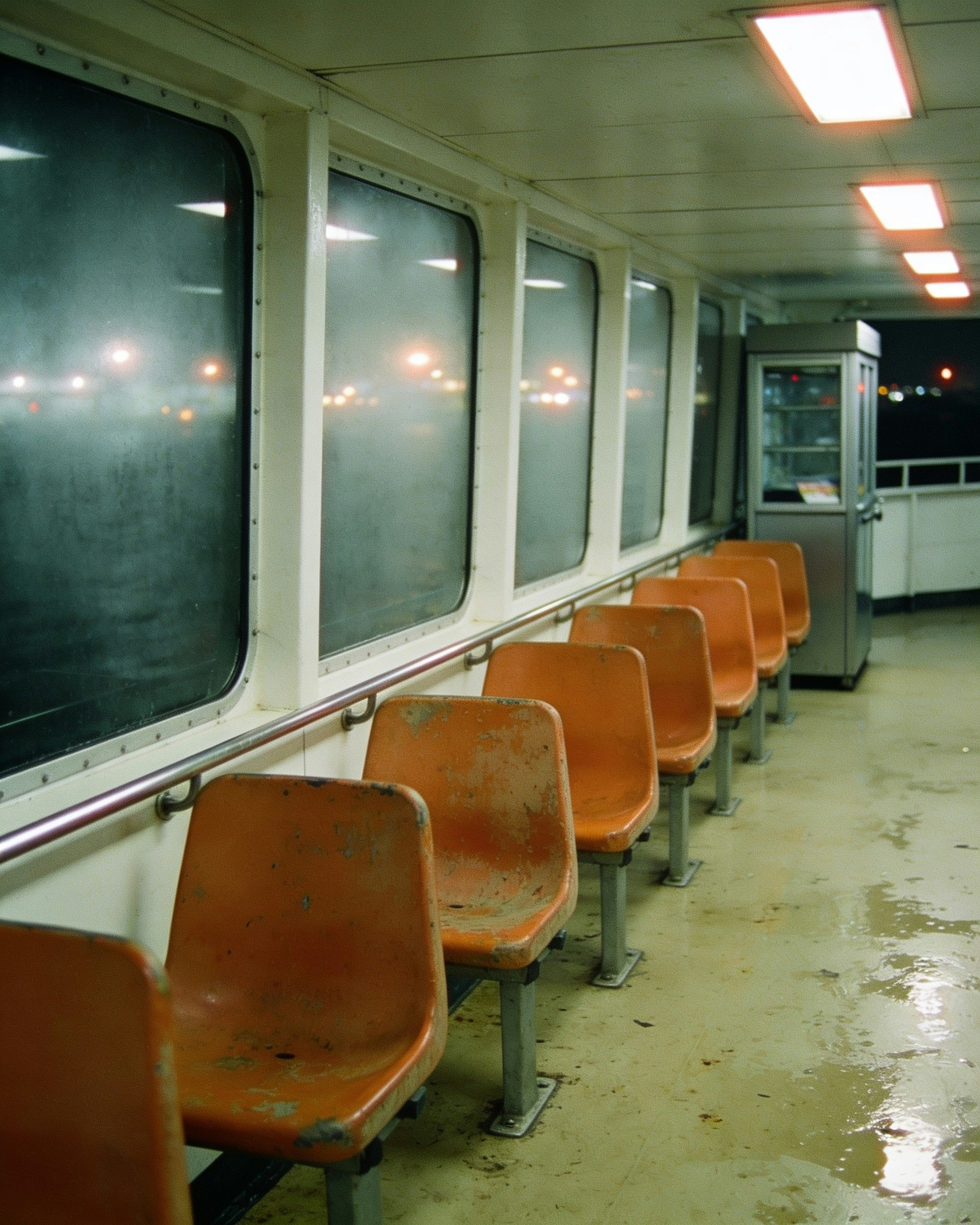 Closed kiosk shutter, tired fluorescent