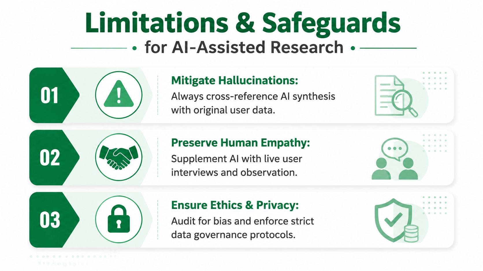 An infographic titled Limitations and Safeguards for AI-Assisted Research detailing three key principles for responsible AI usage.