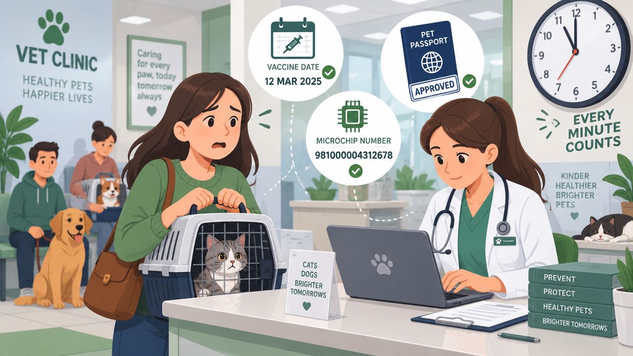 A concerned pet owner at a vet clinic with a cat while the veterinarian verifies medical records.