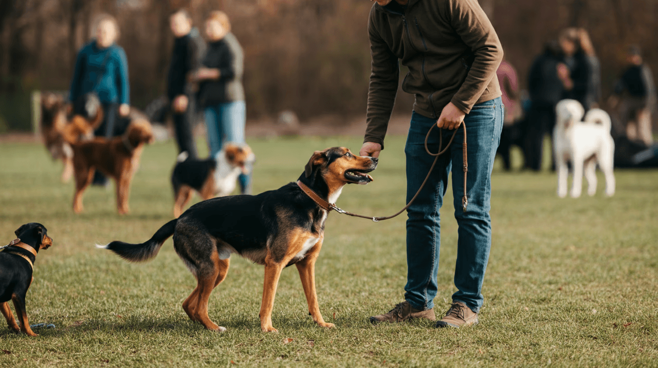 In the foreground is a happy, relaxed dog being trained by its owner, whilst the trainer and other owners & dogs are in the background (out of focus).