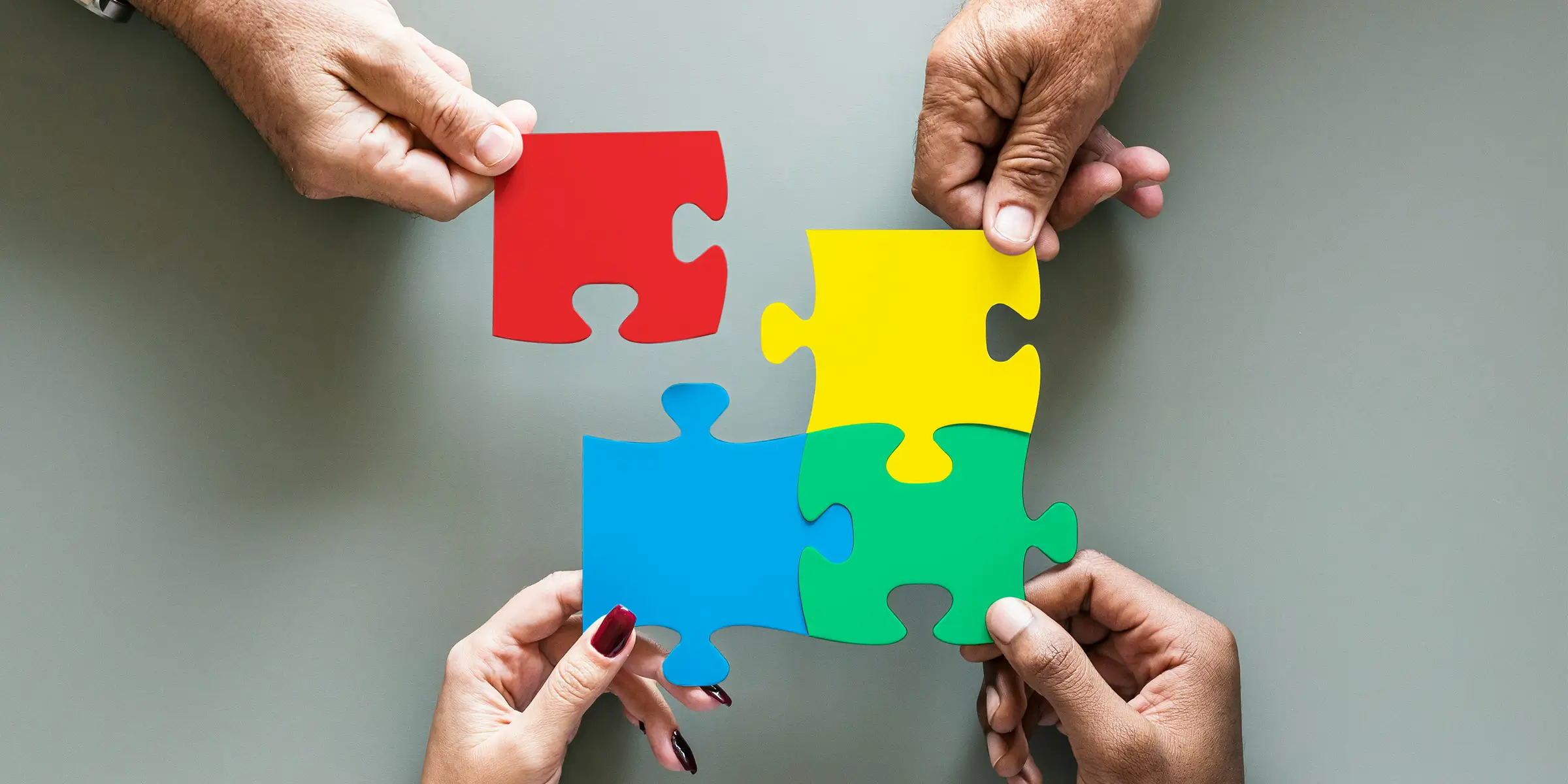 image of 4 hands each holding a coloured jigsaw piece slotting together
