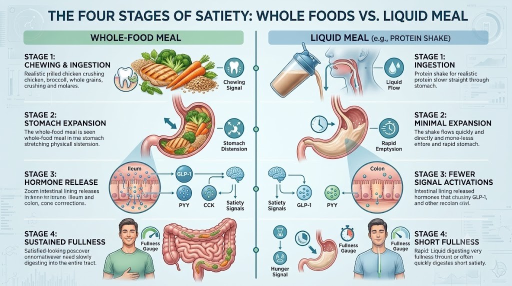 A clean medical infographic comparing the four stages of satiety between a whole-food meal and a liquid protein shake. It illustrates the whole meal's slow digestion with chewing, stomach expansion, and strong hormone signals (GLP-1, PYY, CCK), versus the shake's rapid passage through the stomach with minimal signals.