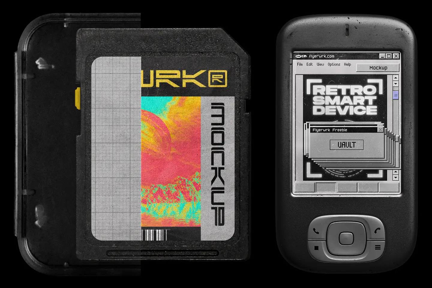 MiniDisc mockup and retro device UI design included in Flyerwrk Freebies Vault