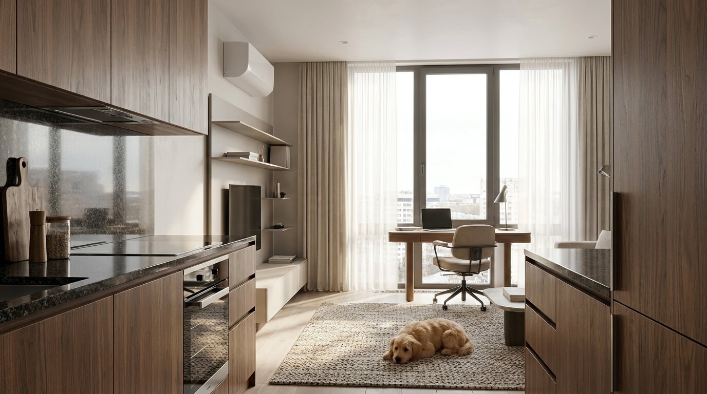 Interior de apartamento compacto planejado e moderno, com cozinha americana, armários embutidos e ambiente iluminado, ideal para investimento imobiliário de alta rentabilidade.