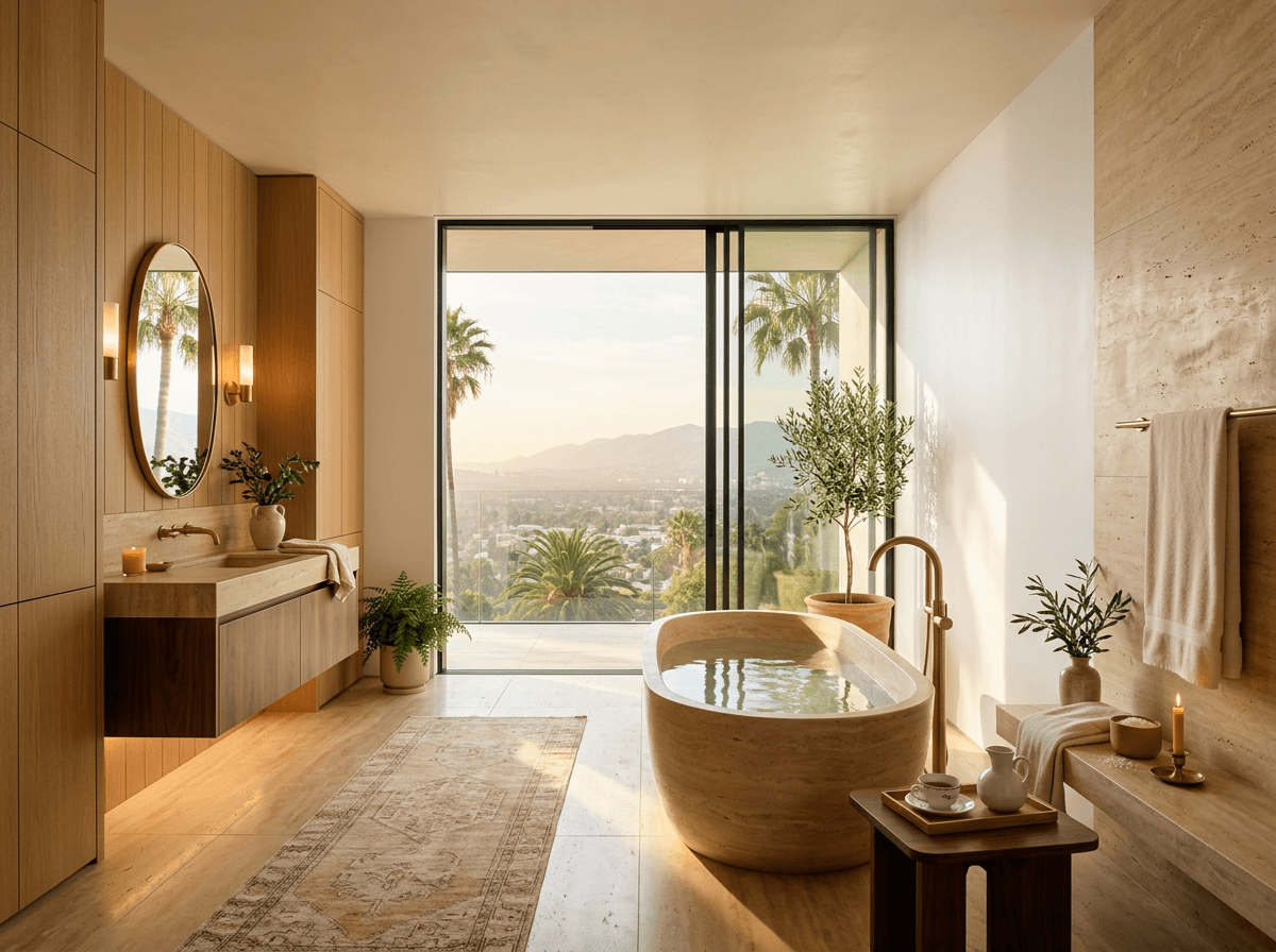 Sculptural travertine soaking tub facing floor-to-ceiling LA basin view in golden hour.