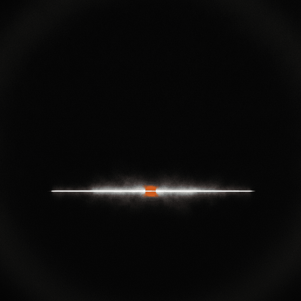 Single thin line of cool light against deep black void with orange break point