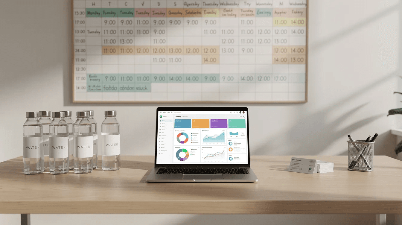 The image depicts a tidy studio reception desk featuring a laptop displaying a project management dashboard, alongside water bottles and a schedule board in the background. This setup reflects a user-friendly environment designed for software development and client management, enhancing customer experience and streamlining tasks for the studio.