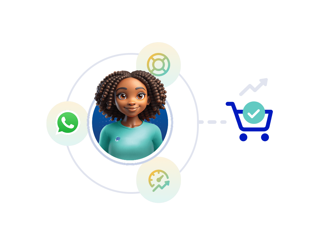 An AI agent avatar, circled, is surrounded by smaller images that represent it's skill and capabilties. Adjacent is an image that represents their output - re-engagement