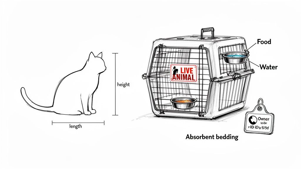 Diagram illustrating a cat's dimensions and a travel-ready pet carrier with food, water, bedding, and an ID tag.