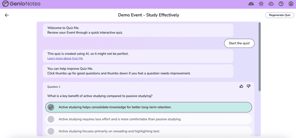 Screenshot of the Genio (formerly Glean) quiz feature