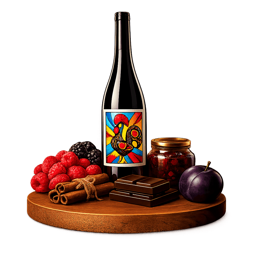 Artistic label and flavor profile for Portuguese Ruby Port on a rustic wooden table.