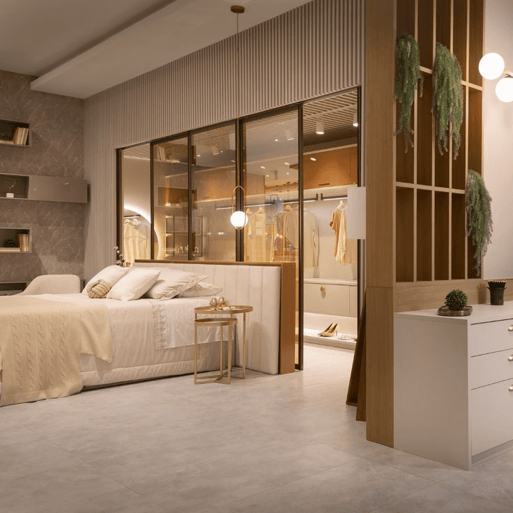 침대 헤드보드 역할을 하는 깔끔한 가벽 디자인 사례