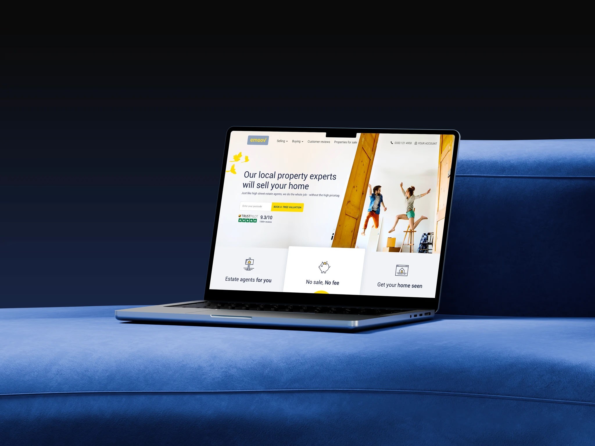 realistic mock up of homepage screen on a lux blue background