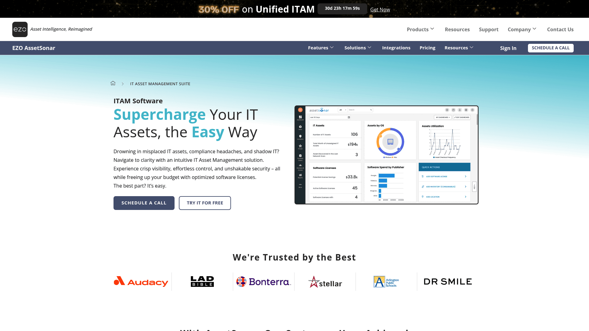 A screenshot of the AssetSonar homepage, a dedicated ITAM tool for managing an IT asset recovery offboarding checklist.