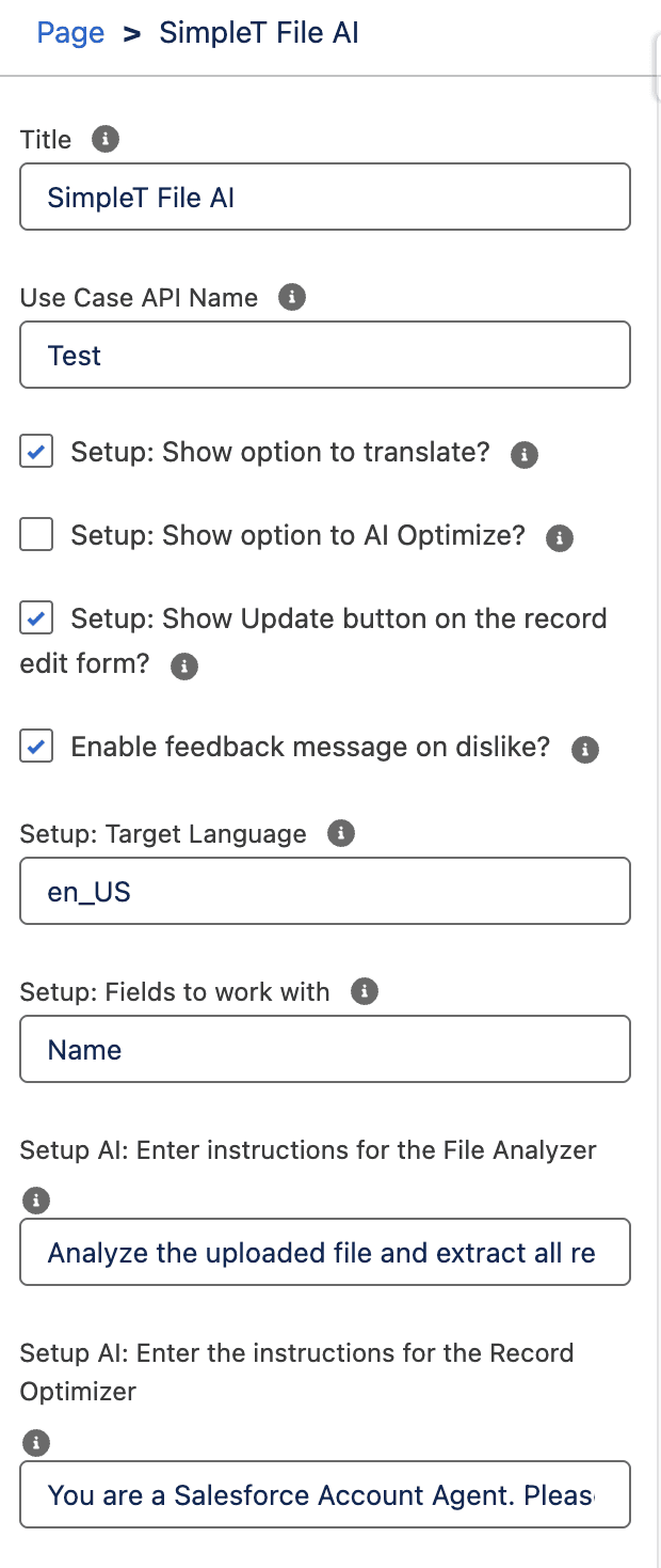 SimpleT File AI Component Properties and Interface