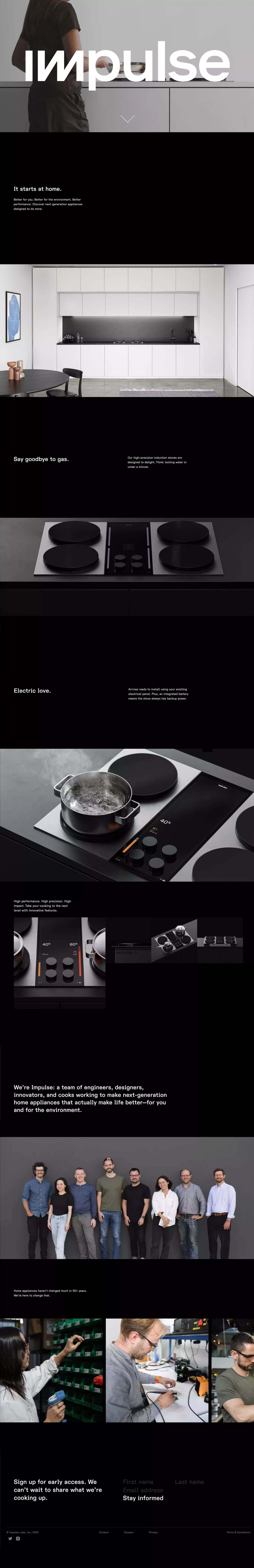 Impulse: Battery-Integrated Home Applian landing page screenshot showcasing Tech and Food & Drinks design