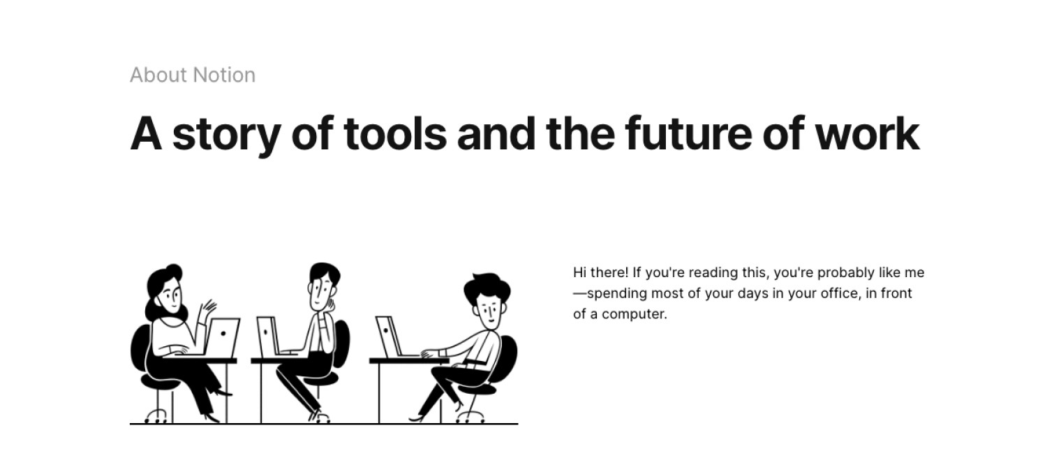 Illustration of three people working on laptops at a table beneath the heading “A story of tools and the future of work,” representing collaborative work in an office setting.