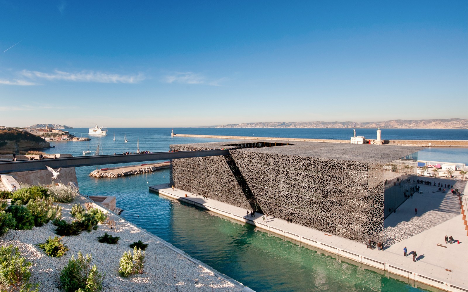 Mucem museum exterior with sea view in Marseille, France.