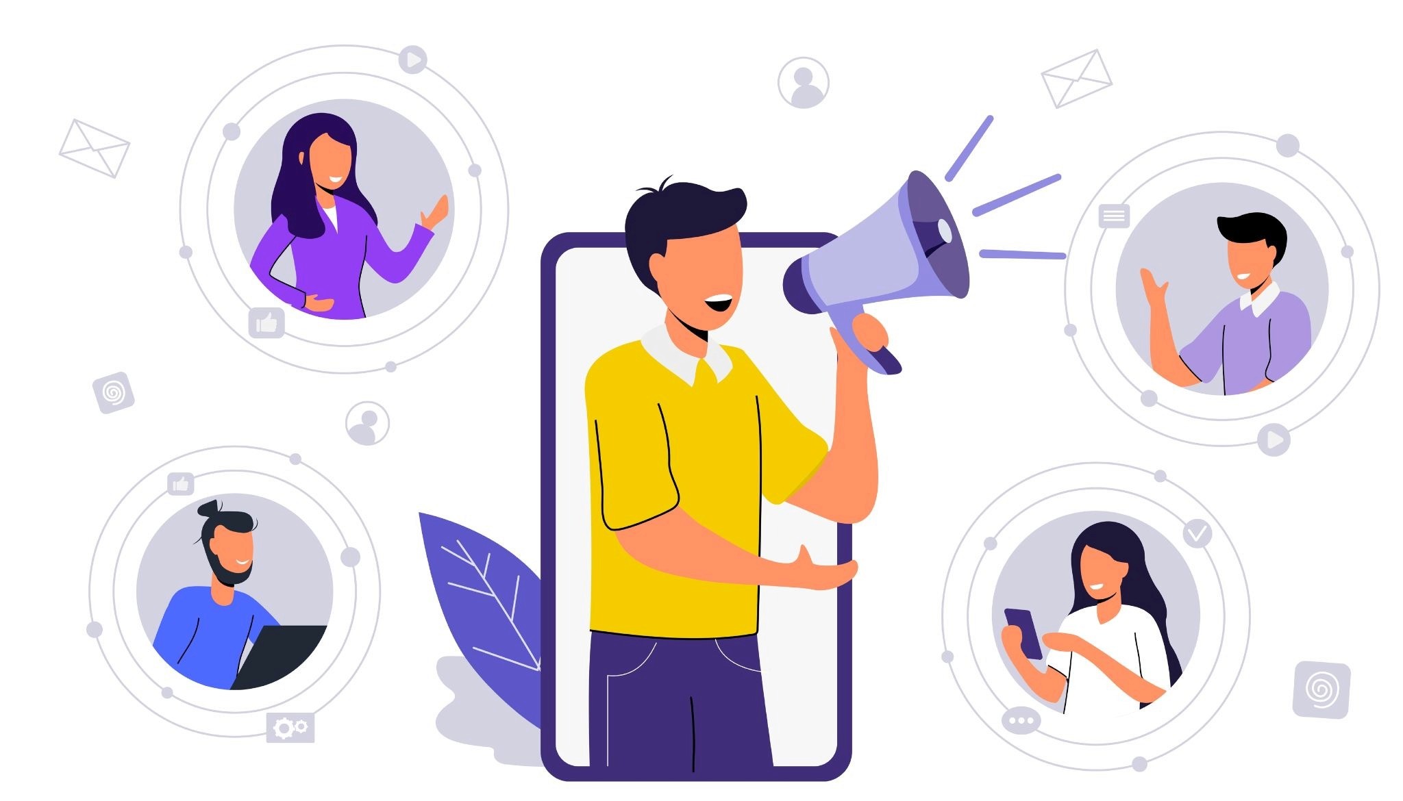 Influencer with a megaphone on a smartphone broadcasting to a network of connected creators and followers