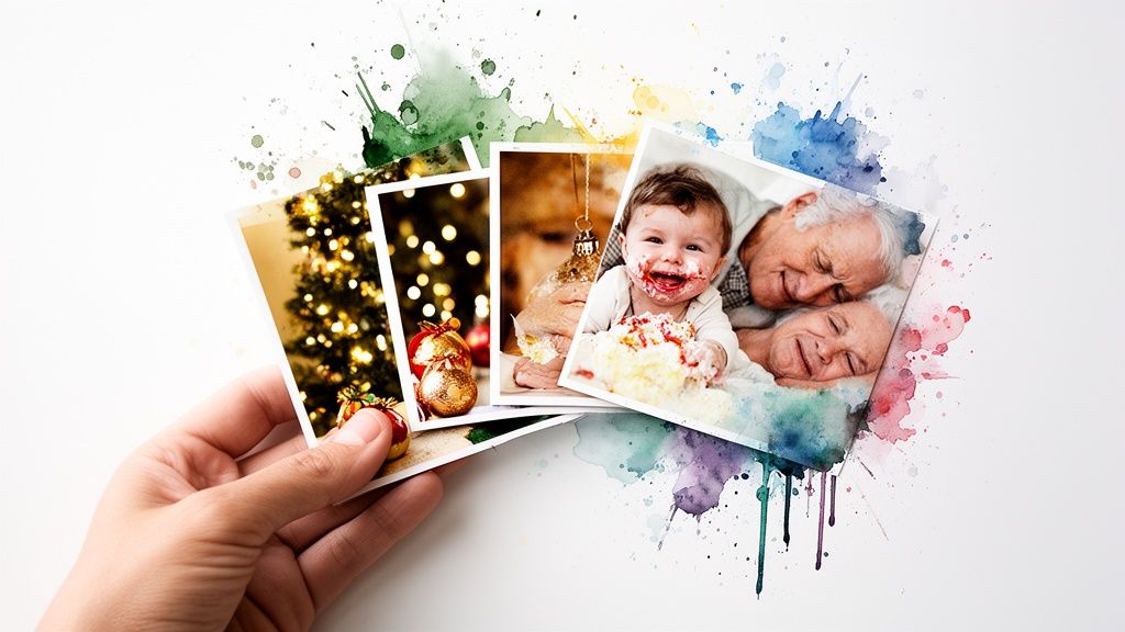 Close-up of hand holding photos of family memories: Christmas, baby's first birthday, and grandparents.