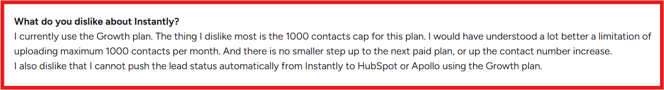 Instantly G2 review about contact upload limits