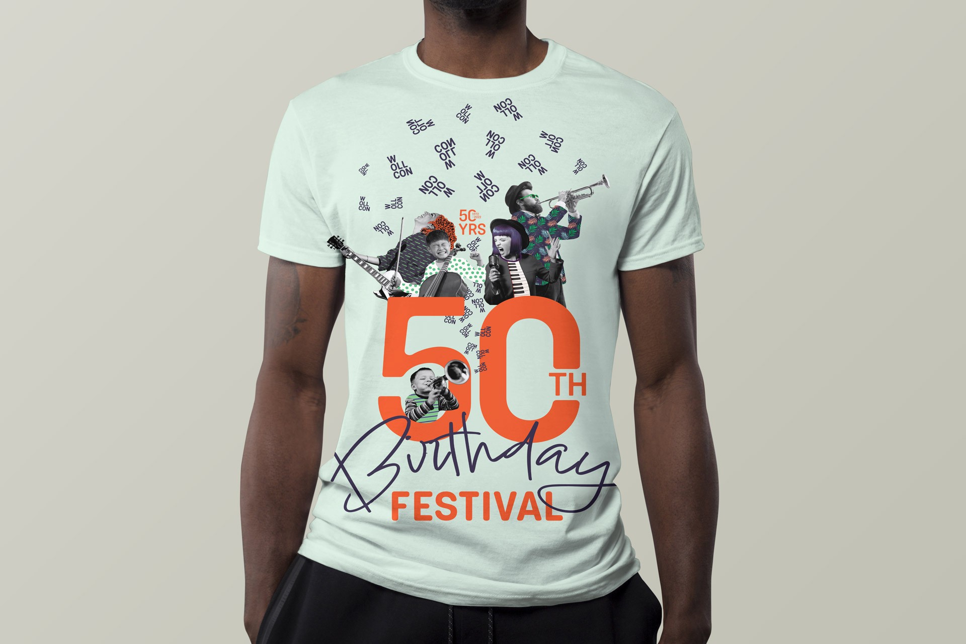 WollCon t-shirt design displaying bespoke 50th logo and brand colours.