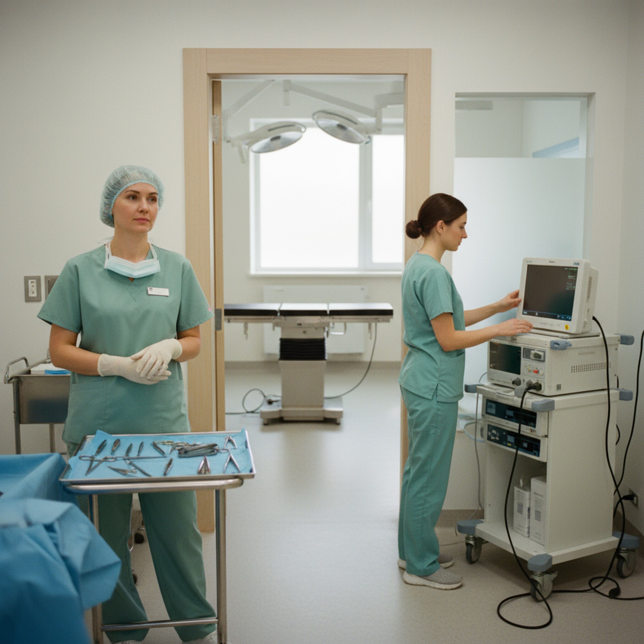 Vor einem hellen OP-Raum prüft ein eingespieltes Team die letzten Handgriffe: Die Assistenz richtet den Monitor, die Chirurgin streicht die Handschuhe glatt. Instrumente liegen sortiert bereit, die Tür zum Behandlungsbereich steht offen und signalisiert Startklarheit.
