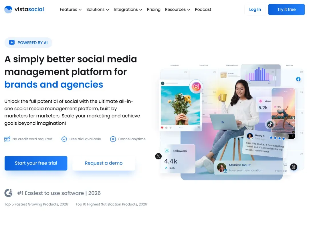 Vistasocial website hero section with a navbar at the top. text on the left and graphics on the right