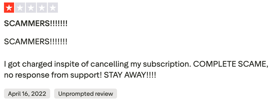 Negative AdSpy review accusing scam and unauthorized subscription charges