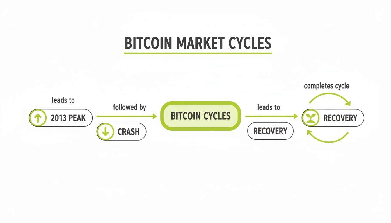 Flowchart illustrating Bitcoin market cycles: 2013 peak, crash, and the subsequent recovery phase.
