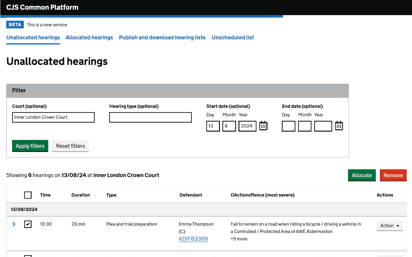 Screenshot of the Common Platform Unallocated hearings UI