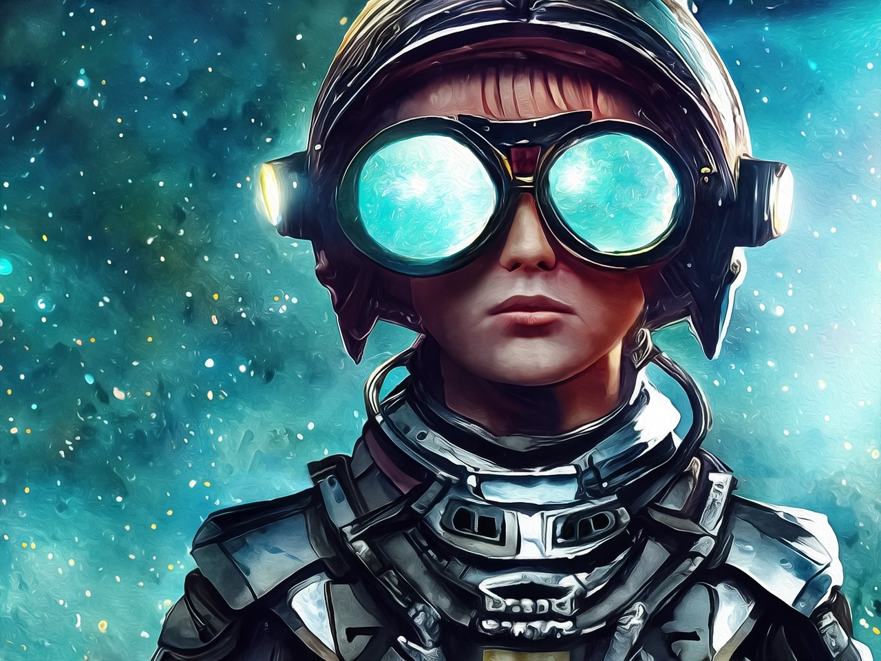 A young kid wearing a space suit and circular goggles on their face