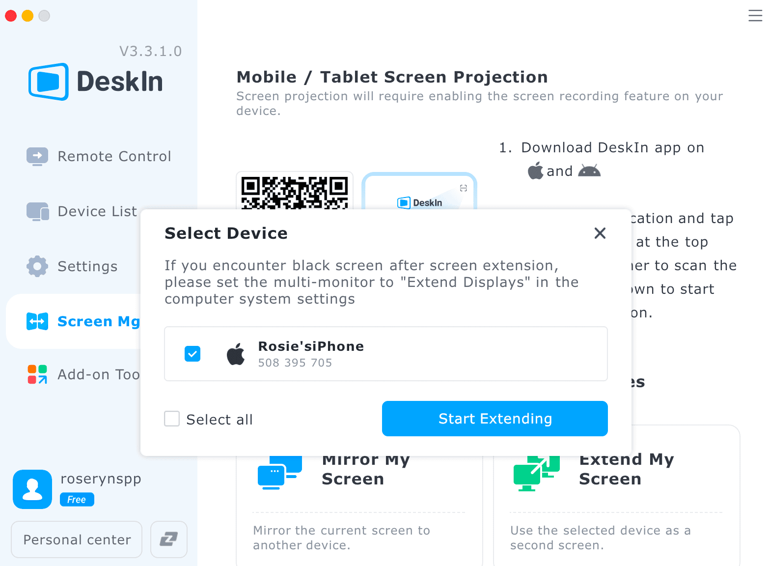 Select device to extend PC screen