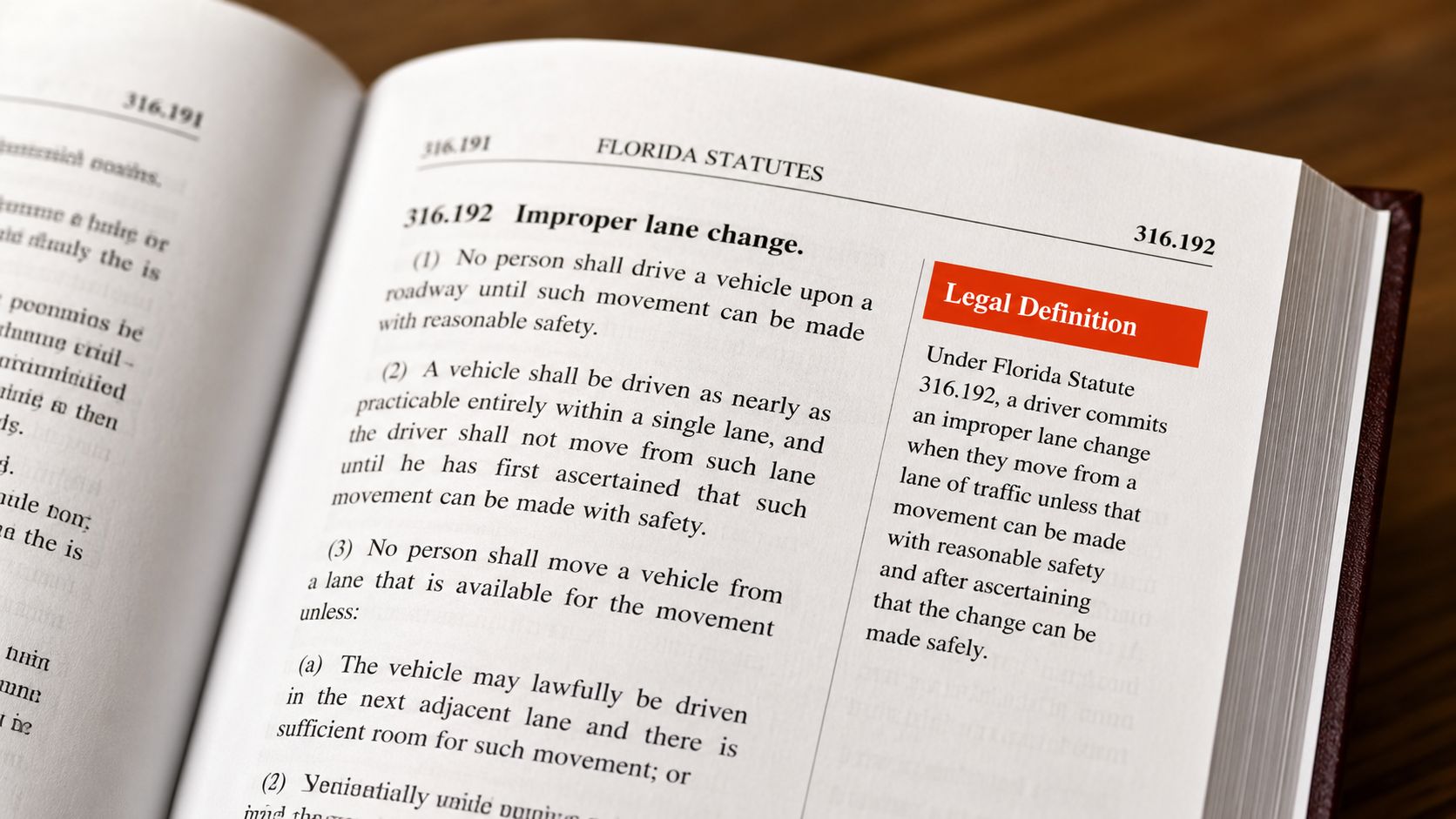 Open book displaying Florida Statute 316.192 regarding improper lane change laws and their legal definition.
