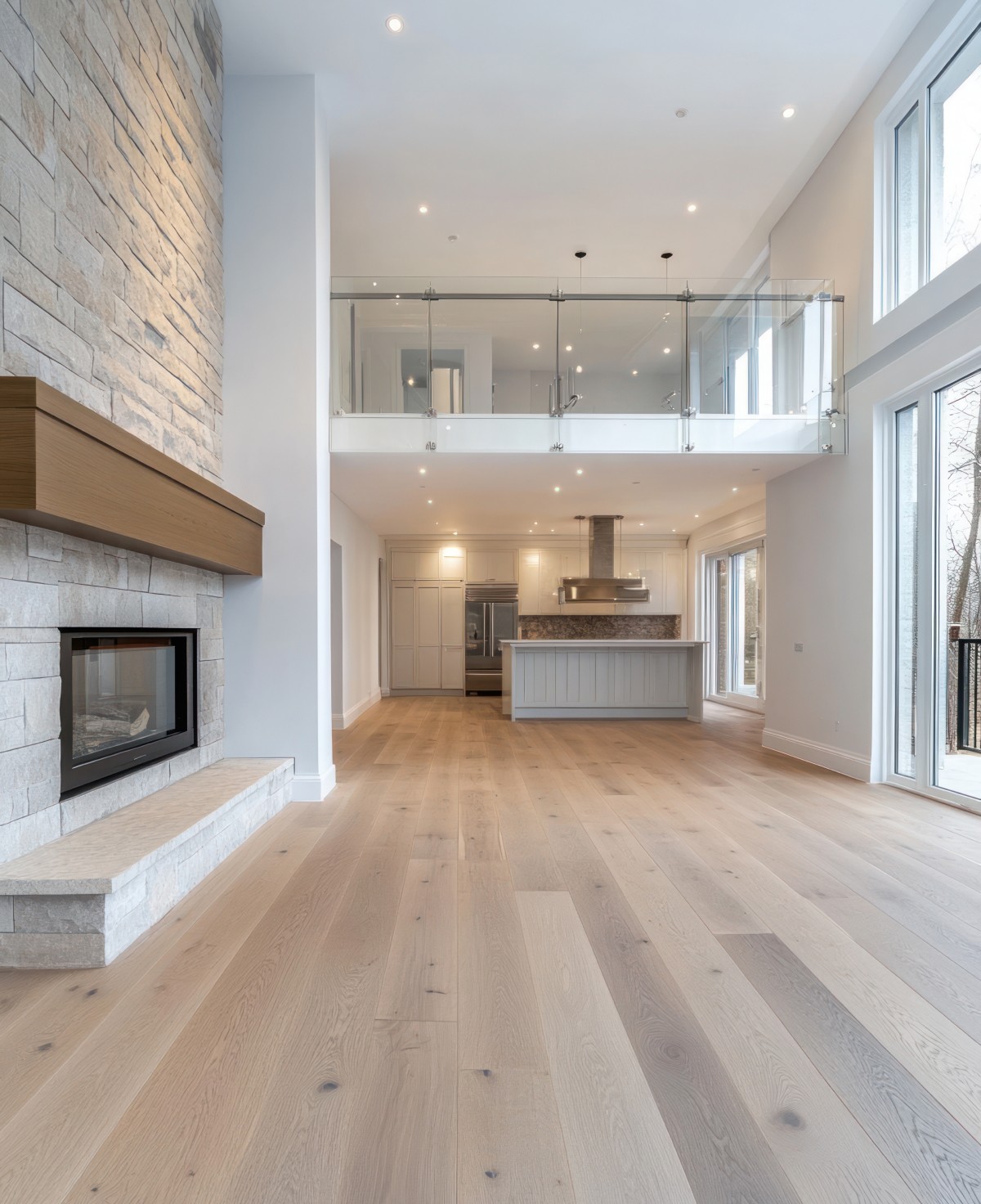 Whole home renovation with open concept layout, modern kitchen, and floor-to-ceiling windows