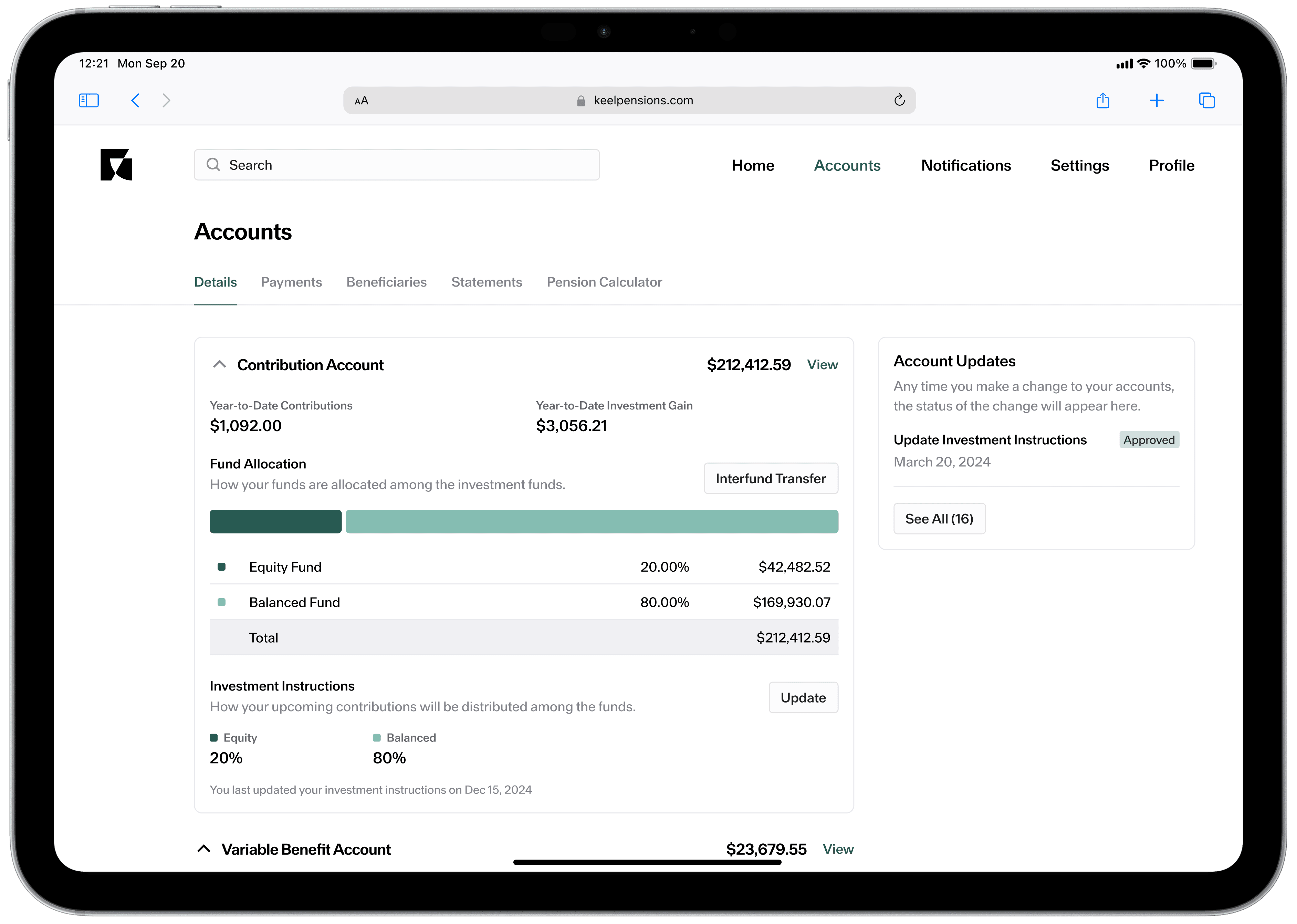 Account details in the member portal