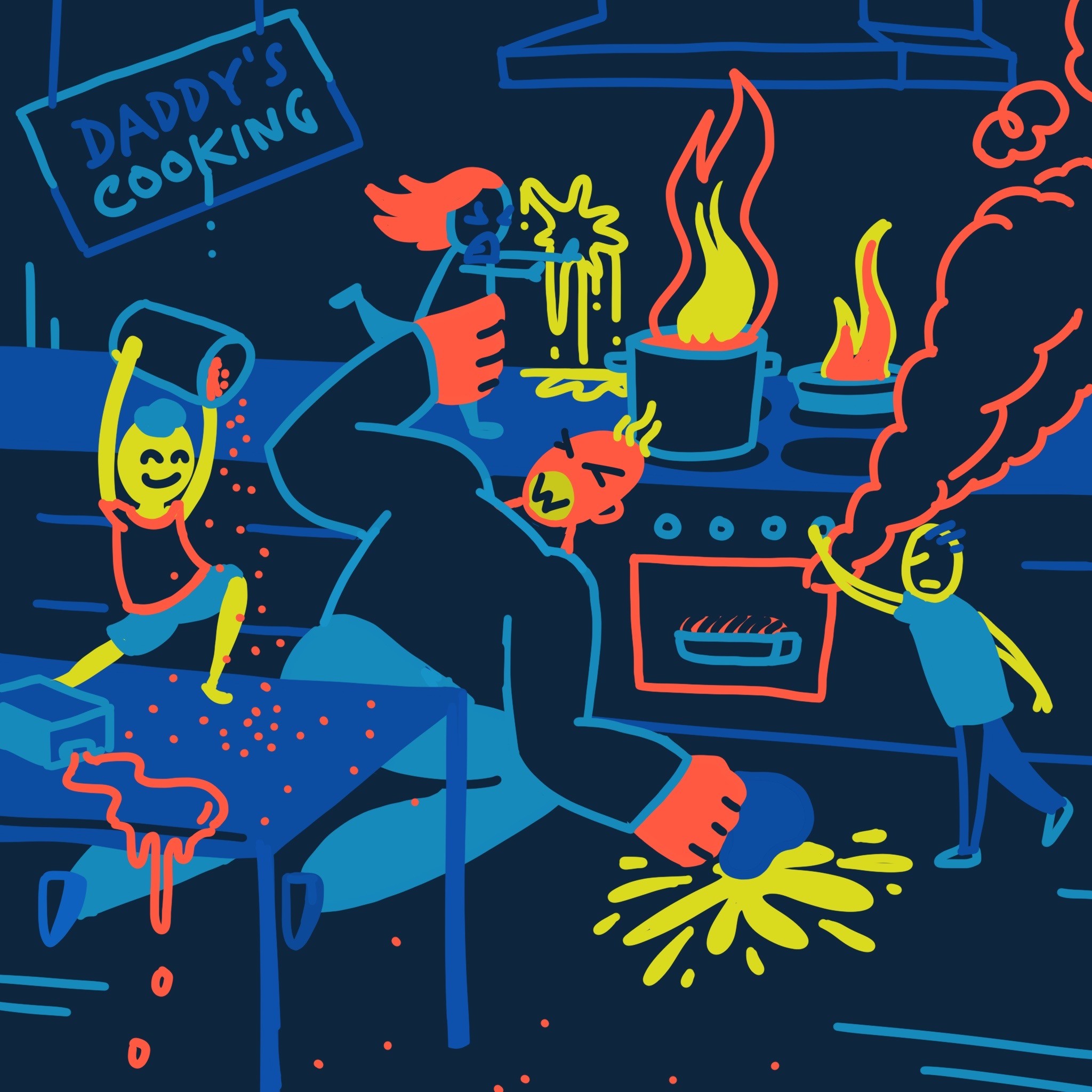 Funny illustration that shows a man trying to cook something but his kids make it impossible for him.